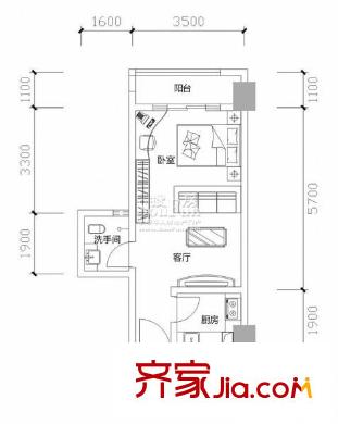 隆鑫花漾四季户型图B户型 1室1厅1卫1厨