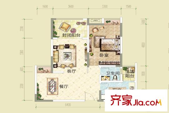 渝高香洲四期6/32/33号楼标准层6号户型 1室2厅1卫1厨