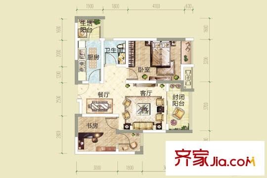 渝高香洲四期6/32/33号楼标准层2号户型 2室2厅1卫1厨