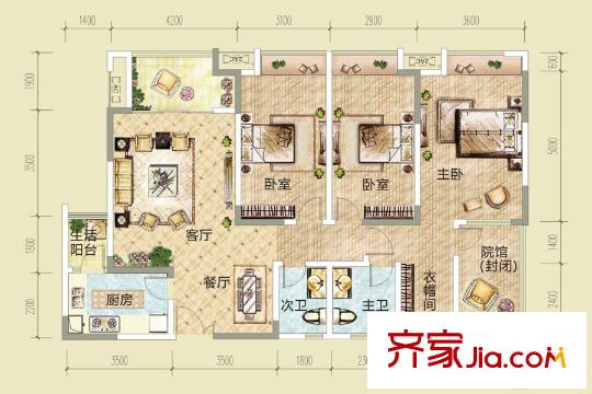 渝高香洲四期6/32/33号楼标准层1号户型 3室2厅2卫1厨