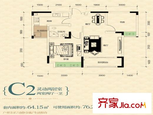 渝高香洲二期19/34号楼标准层C2户型 2室2厅1卫1厨
