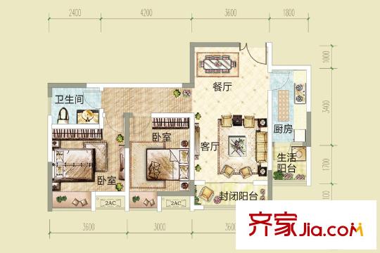 渝高香洲四期6/32/33号楼标准层4号户型 2室2厅1卫1厨