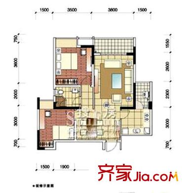 东和城户型图D-2户型 2室2厅1卫1厨