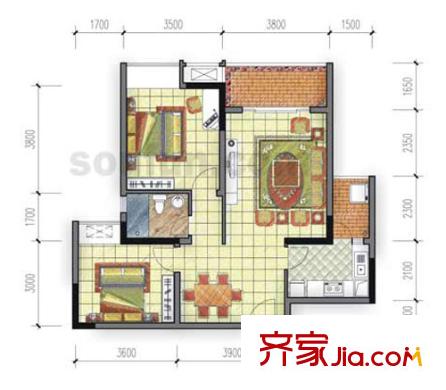 东和城户型图A-2户型 2室2厅1卫1厨