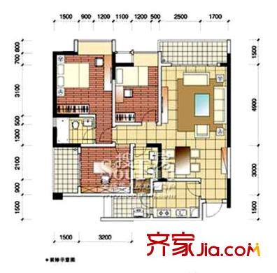 东和城户型图D-1户型 3室2厅2卫1厨