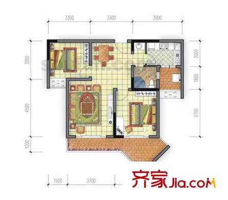 东和城户型图A-4户型 2室2厅1卫1厨