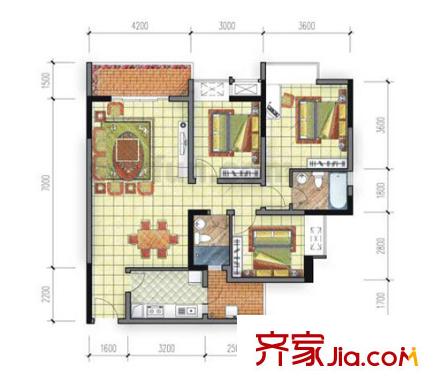 东和城户型图A-3户型 3室2厅2卫1厨