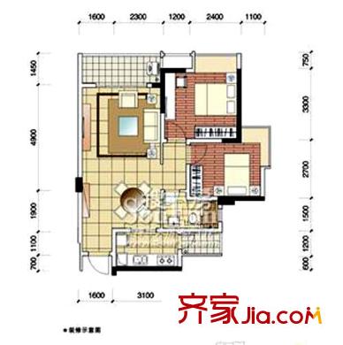 东和城户型图D-3户型 2室2厅1卫1厨