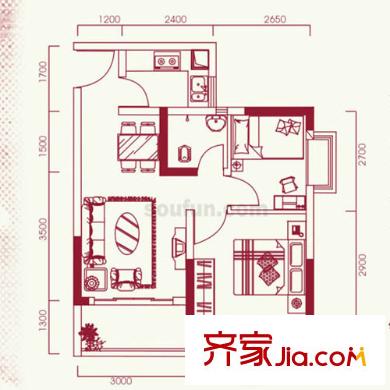 城市印象户型图一单元1户型 2室1厅1卫1厨