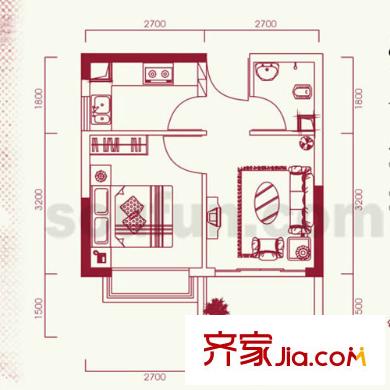 城市印象户型图一单元8、9户型 1室1厅1卫1厨