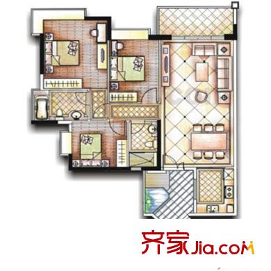 富力海洋广场户型图6、7号楼01号房 3室2厅2卫1厨