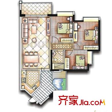 富力海洋广场户型图6、7号楼02号房 3室2厅1卫1厨
