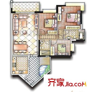 富力海洋广场户型图6、7号楼06号房 3室2厅2卫1厨