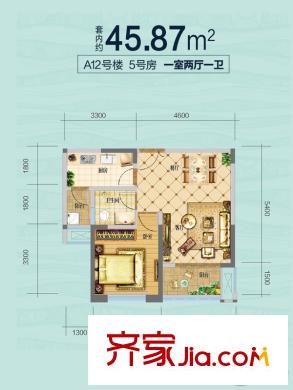 财信沙滨城市二期A12号楼标准层5号房 1室2厅1卫1厨