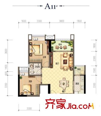 财信沙滨城市一期11号楼标准层B户型 2室2厅1卫1厨