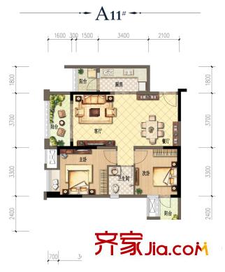 财信沙滨城市一期11号楼标准层C户型 2室2厅1卫1厨