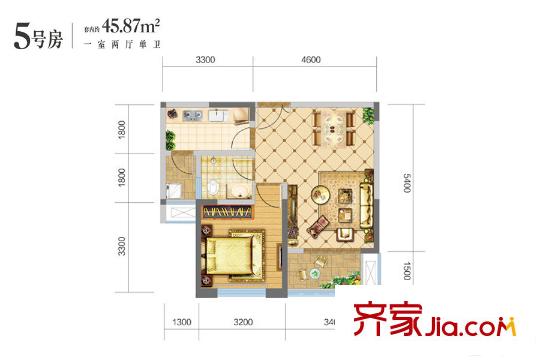 财信沙滨城市二期A13号楼标准层5号房户型 1室2厅1卫1厨