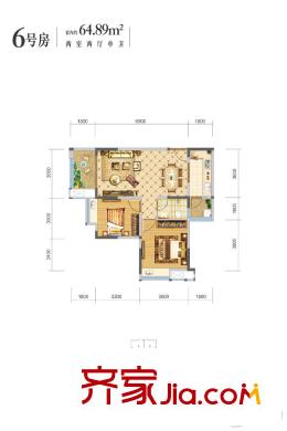 财信沙滨城市二期A13号楼标准层6号房户型 2室2厅1卫1厨