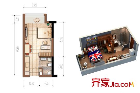龙湖拉特芳斯一期SOHO19.6平米户型 1室1厅1卫1厨