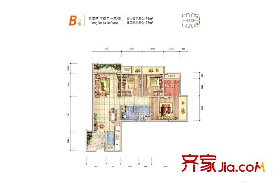 龙湖拉特芳斯一期好城时光高层标准层B户型 3室2厅2卫1厨