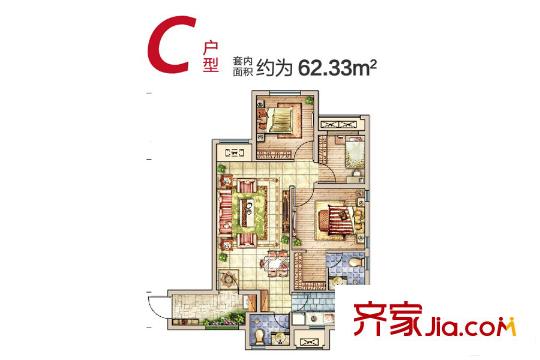 龙湖拉特芳斯一期好城时光高层标准层C户型 3室1厅2卫1厨