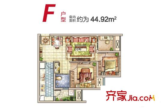 龙湖拉特芳斯一期好城时光高层标准层F户型 2室2厅1卫1厨