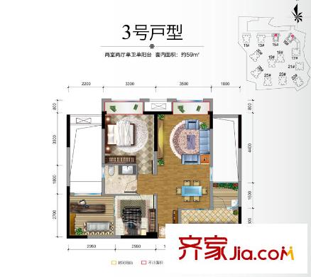 保利香雪户型图3期15、16号楼标准层3号房 2室2厅1卫1厨