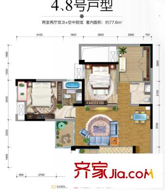 保利香雪户型图3期17、23号楼标准层4、8号房 2室2厅2卫1厨