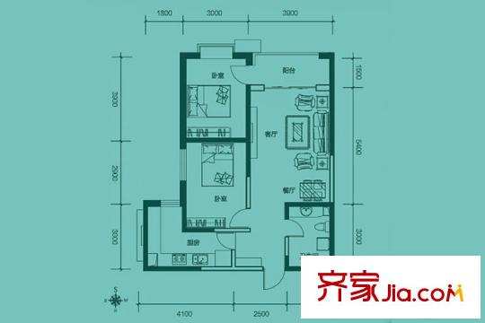 聚金雅园D2户型图 2室2厅1卫1厨