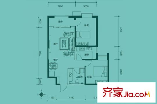 聚金雅园B2户型图 2室2厅1卫1厨