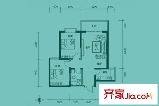 聚金雅园C2户型图 2室2厅1卫1厨