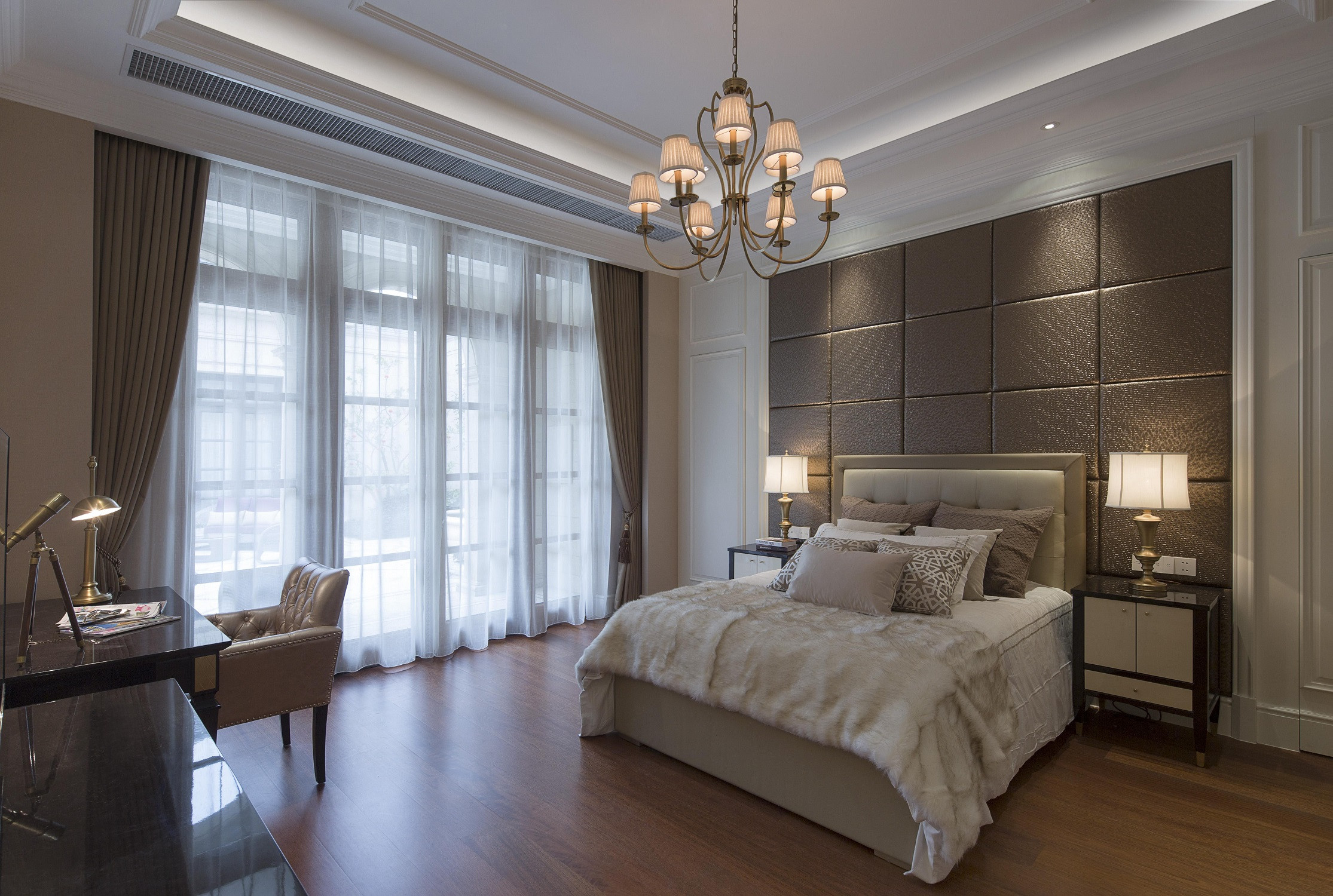 别墅装修,富裕型装修,140平米以上装修,卧室,法式风格,卧室背景墙,咖啡色