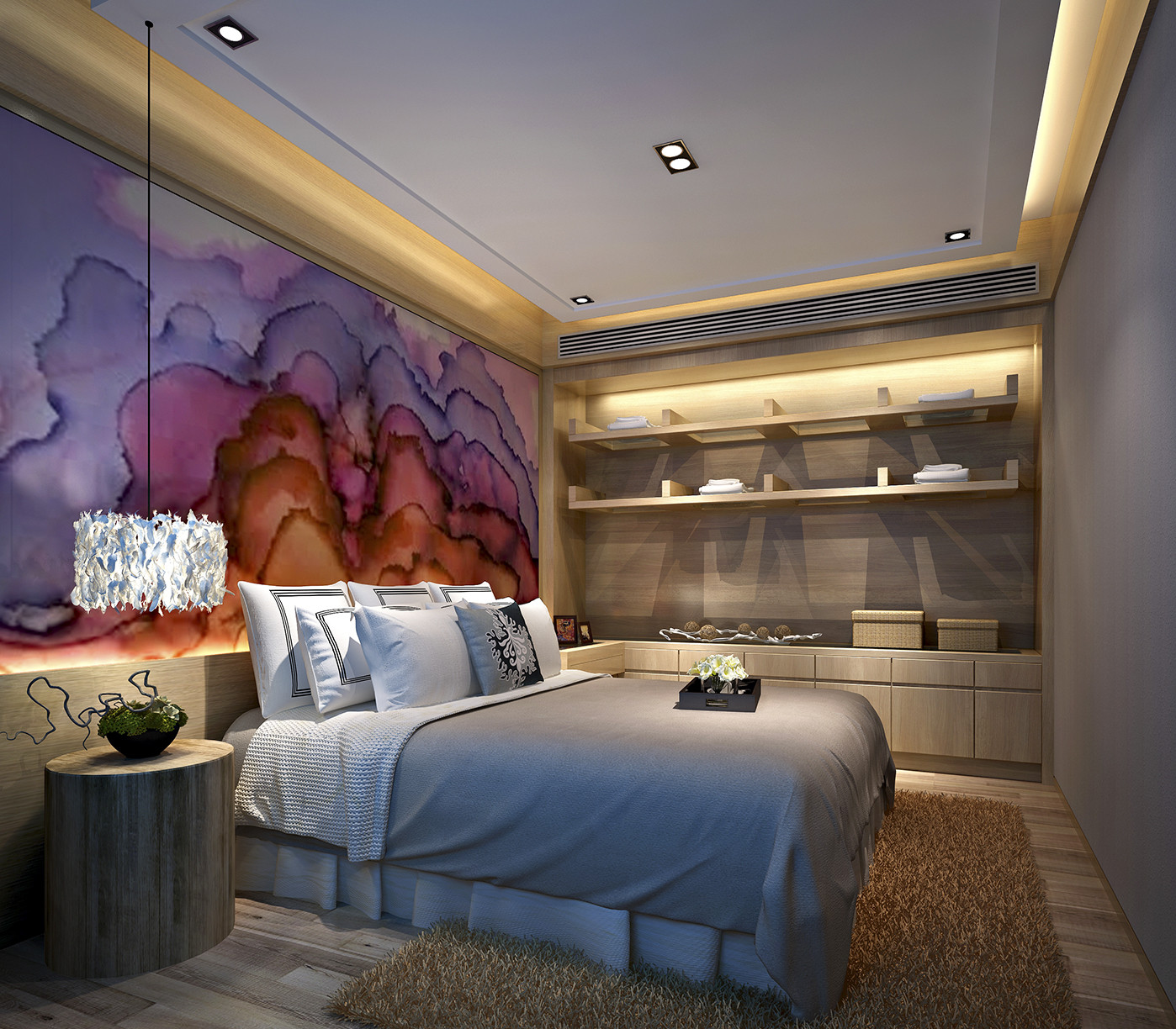简约风格,二居室装修,80平米装修,20万以上装修,卧室,卧室背景墙,紫色,原木色