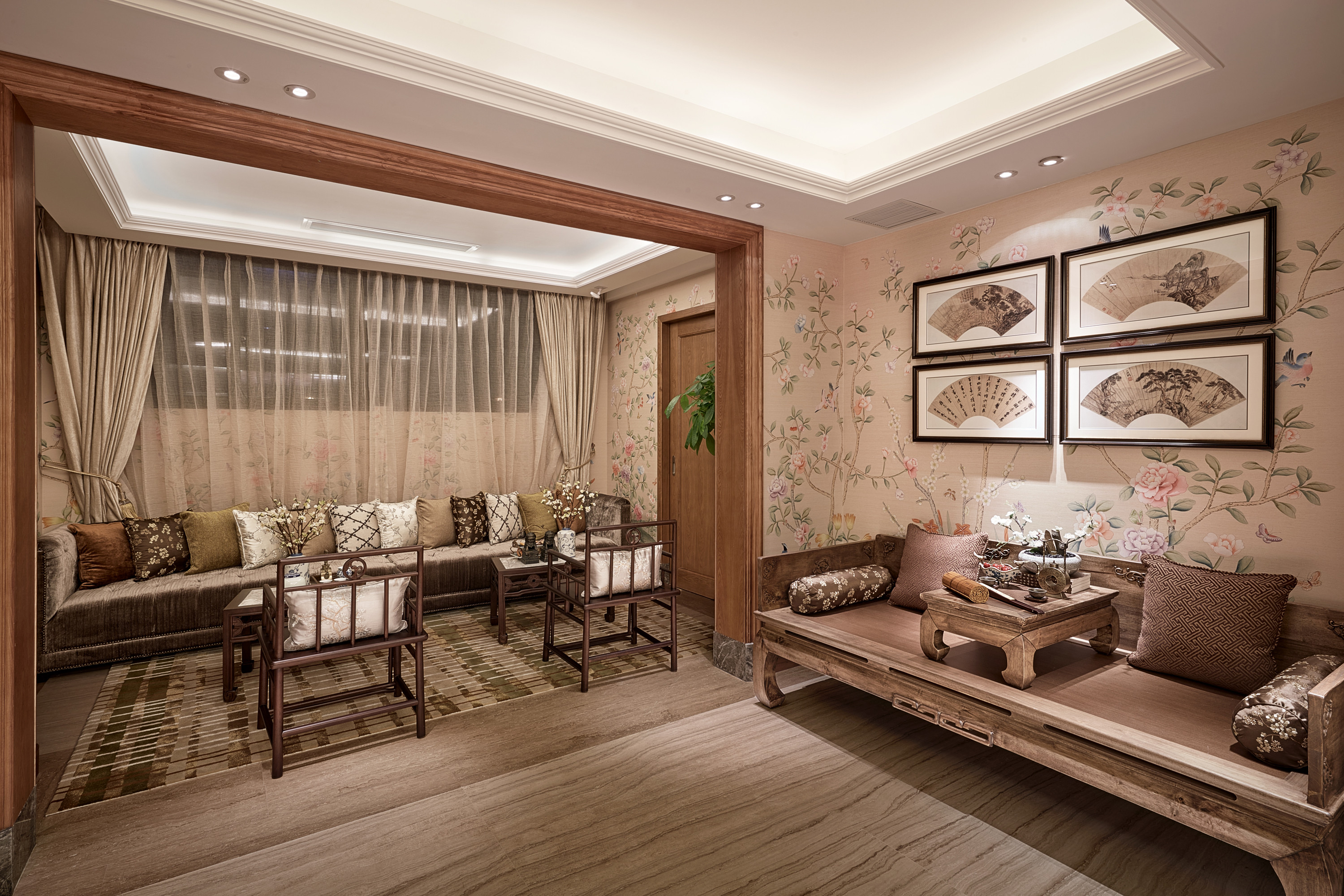 中式风格,别墅装修,140平米以上装修,20万以上装修,客厅,茶室,背景墙,咖啡色