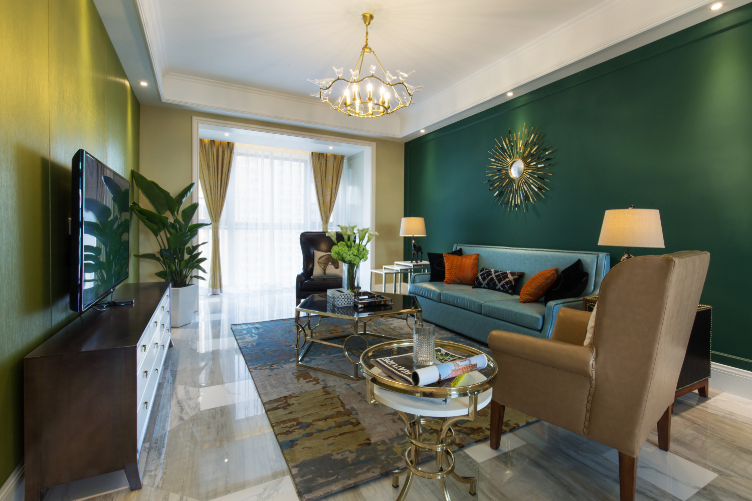 20万以上装修,120平米装修,三居室装修,客厅,现代简约风格,沙发背景墙,绿色