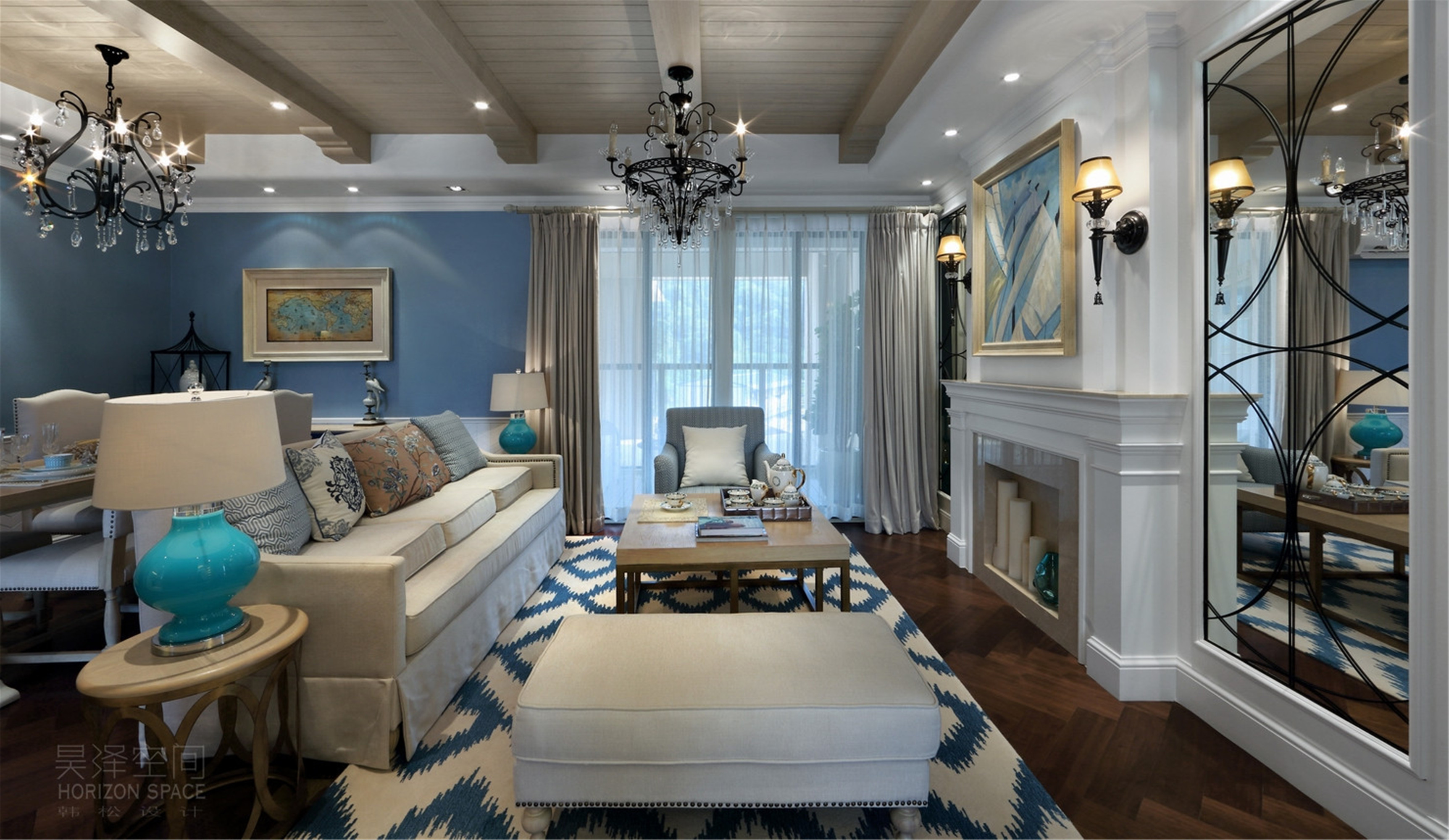 地中海风格,100平米装修,三居室装修,20万以上装修,客厅,地毯,蓝色