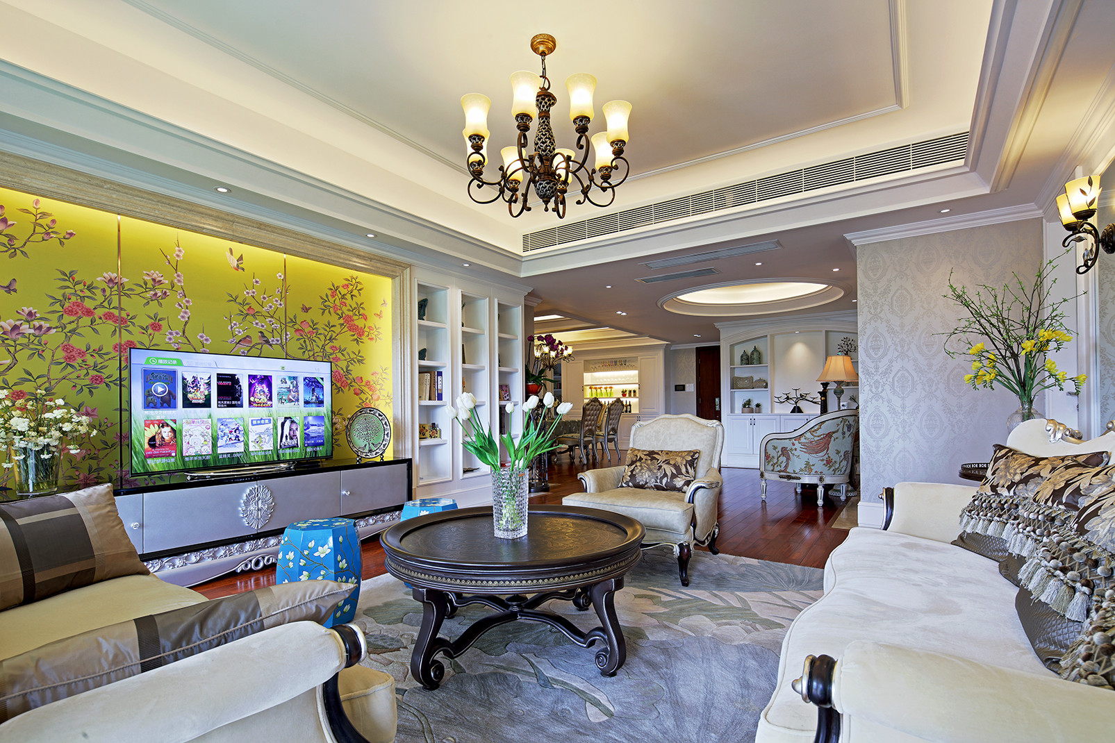 美式风格,140平米以上装修,20万以上装修,大户型,客厅,电视背景墙,黄色