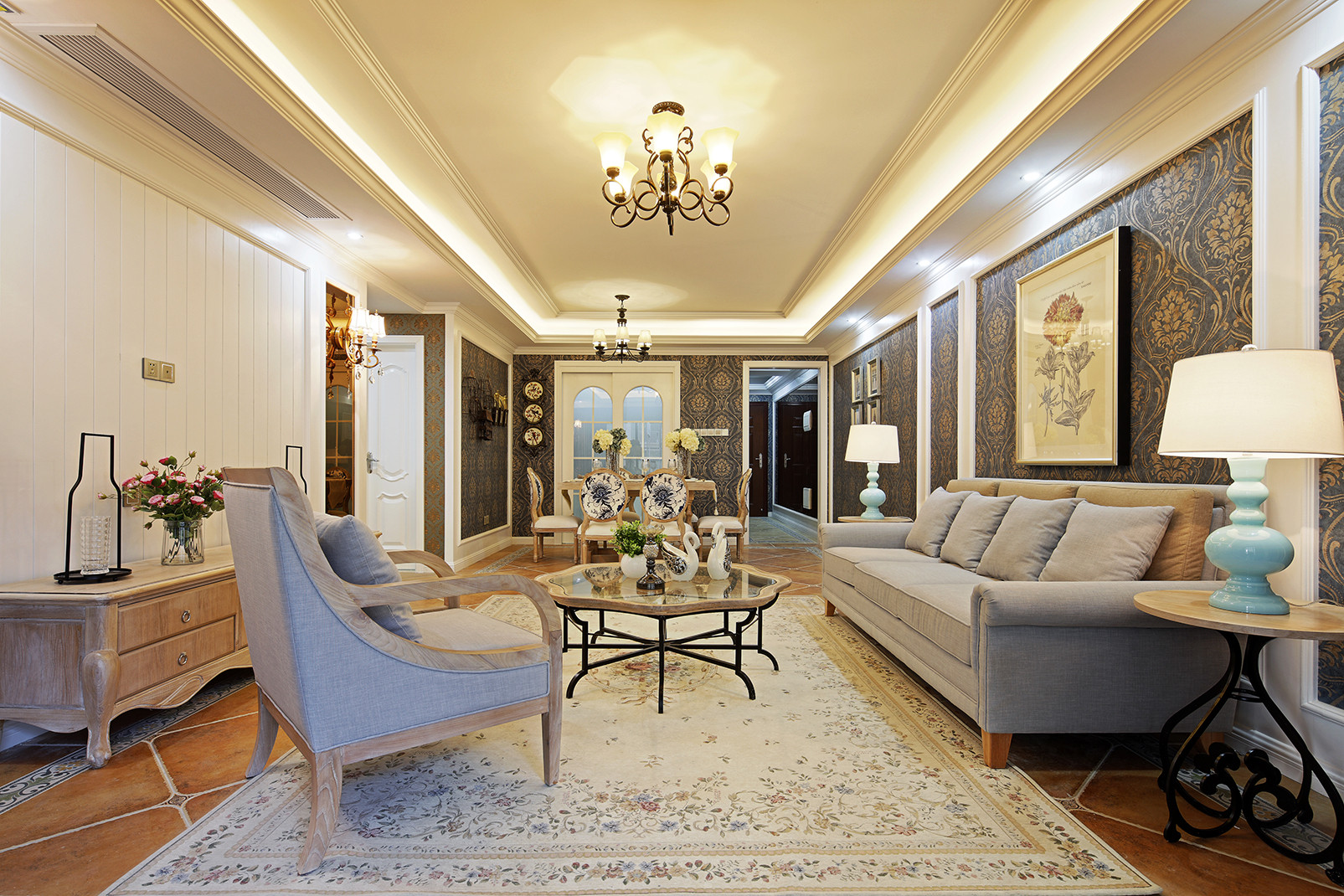 三居室装修,100平米装修,20万以上装修,客厅,沙发,沙发背景墙,美式风格