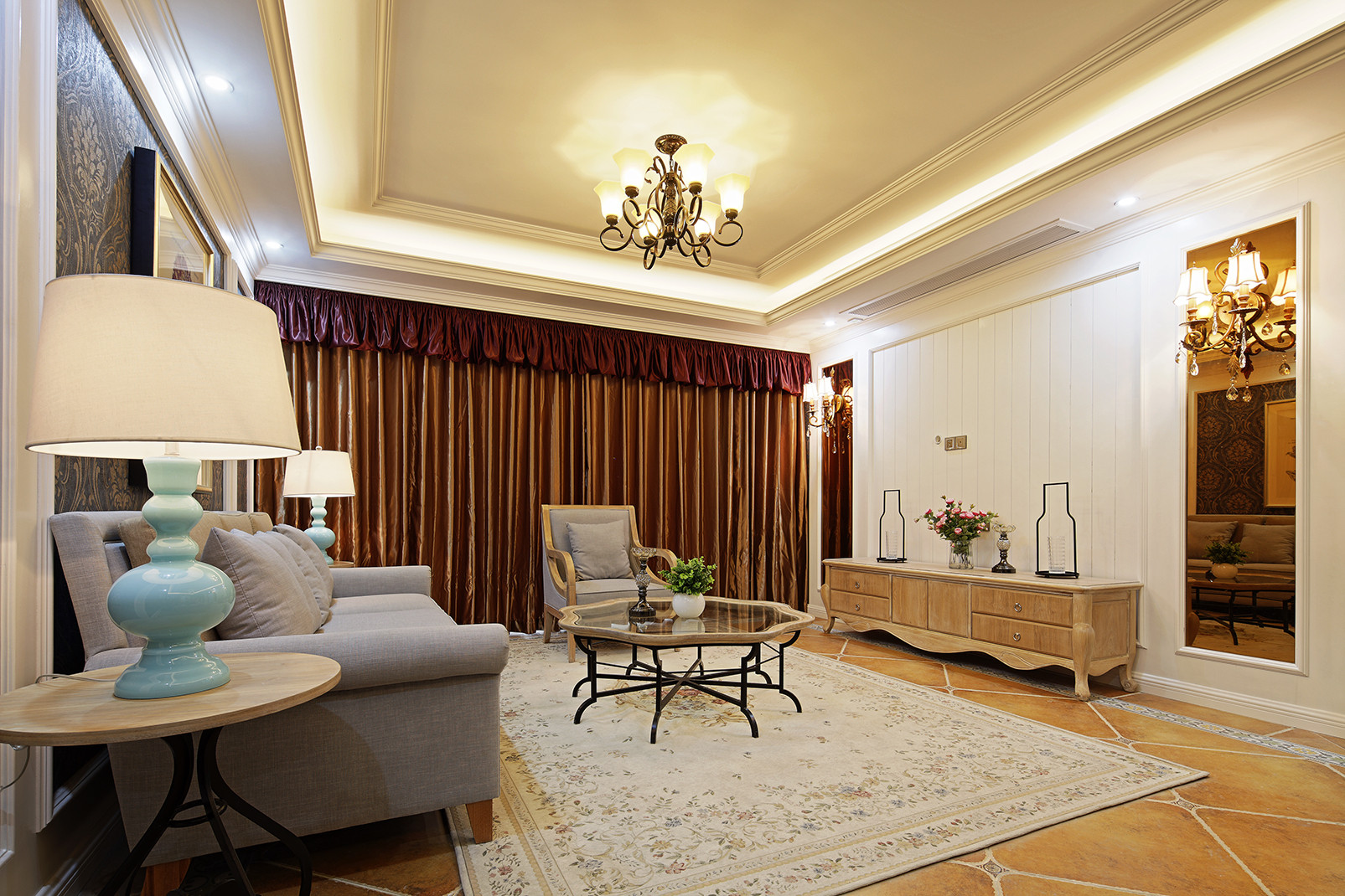 三居室装修,100平米装修,20万以上装修,客厅,窗帘,咖啡色,美式风格