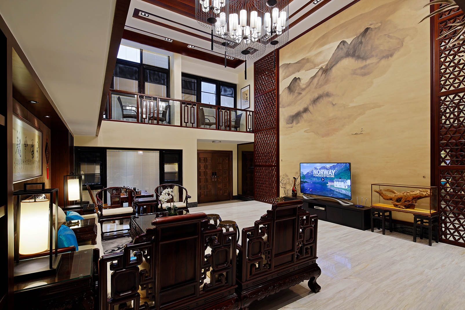 中式风格,四房装修,别墅装修,20万以上装修,140平米以上装修,客厅,沙发背景墙,暖色调