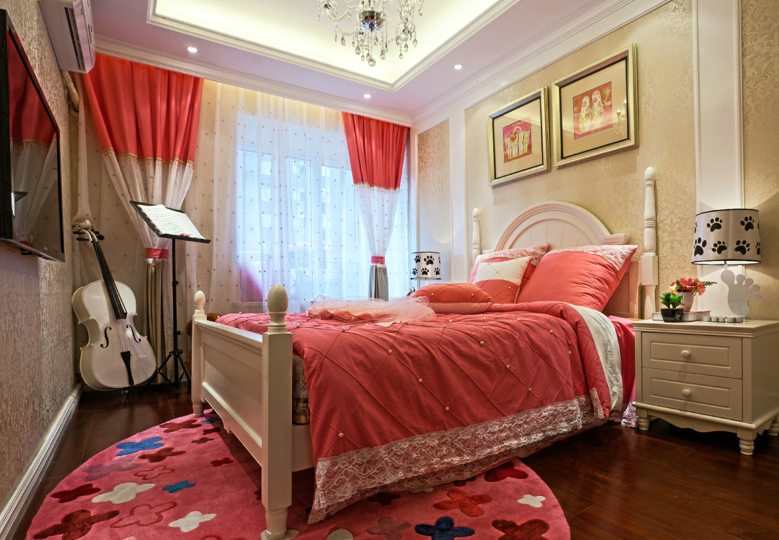 欧式风格,130平米装修,三居室装修,20万以上装修,儿童房,窗帘,床上用品,红色,粉色