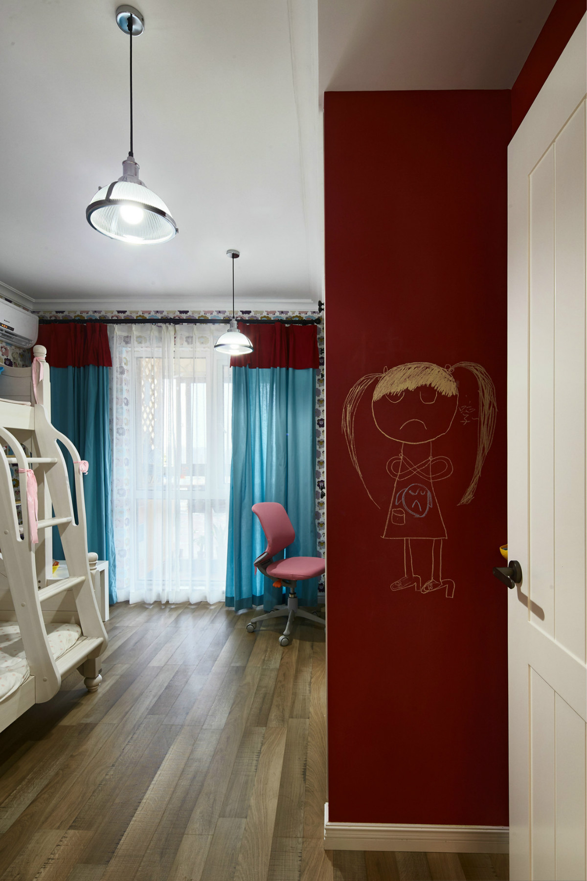 二居室装修,90平米装修,10-15万装修,儿童房,北欧风格,背景墙,窗帘,红色