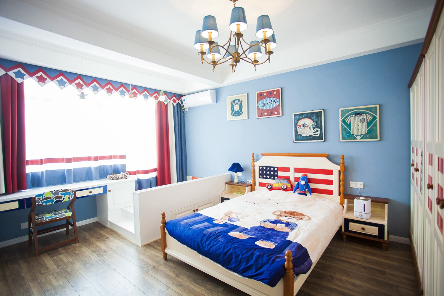 混搭风格,10-15万装修,100平米装修,二居室装修,儿童房,卧室背景墙,蓝色