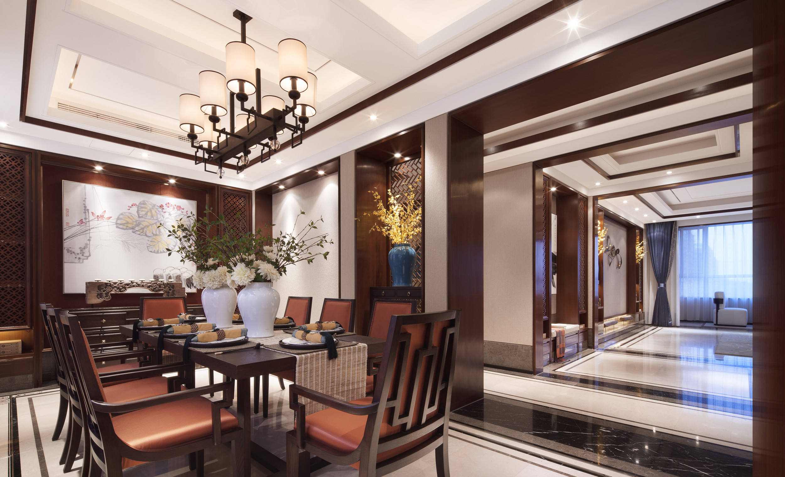 中式风格,20万以上装修,140平米以上装修,四房装修,餐厅,餐桌,吊顶,褐色