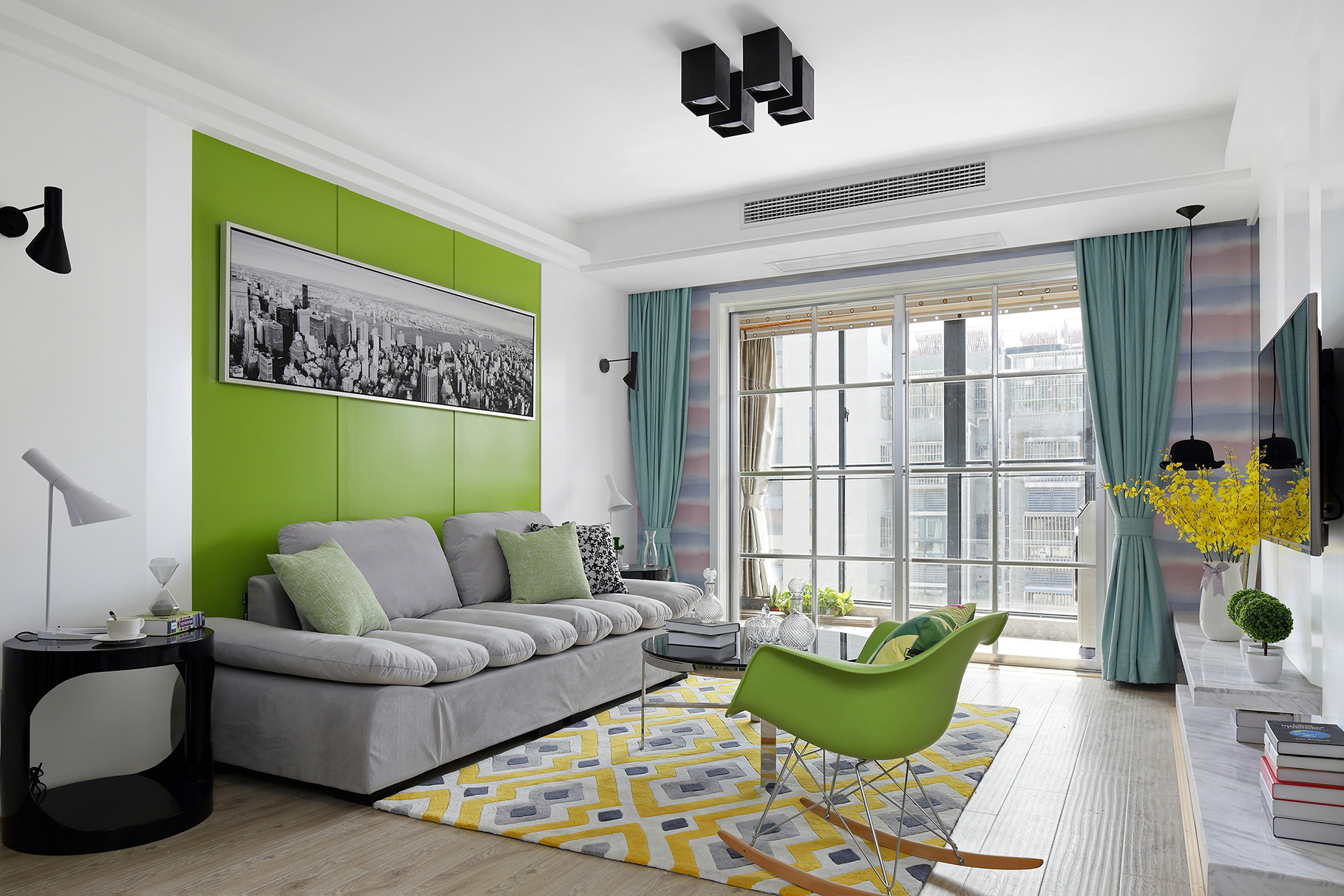 简约风格,二居室装修,90平米装修,15-20万装修,客厅,沙发背景墙,绿色