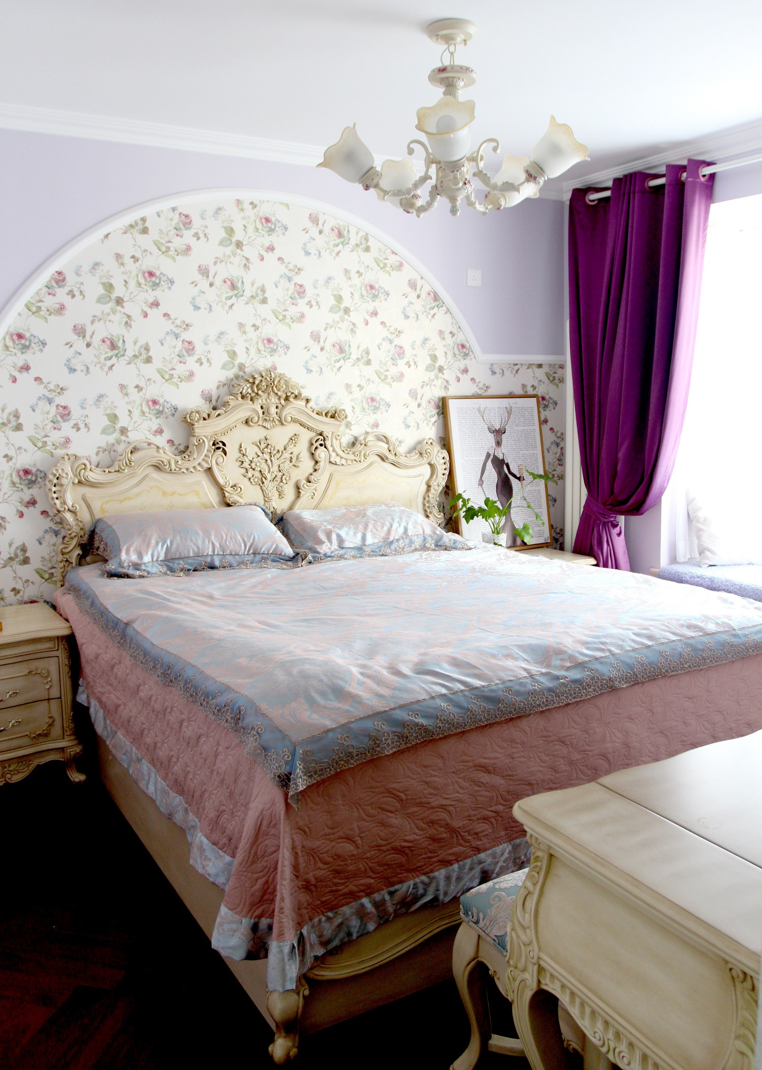 田园风格,80平米装修,二居室装修,10-15万装修,卧室,卧室背景墙,窗帘,紫色