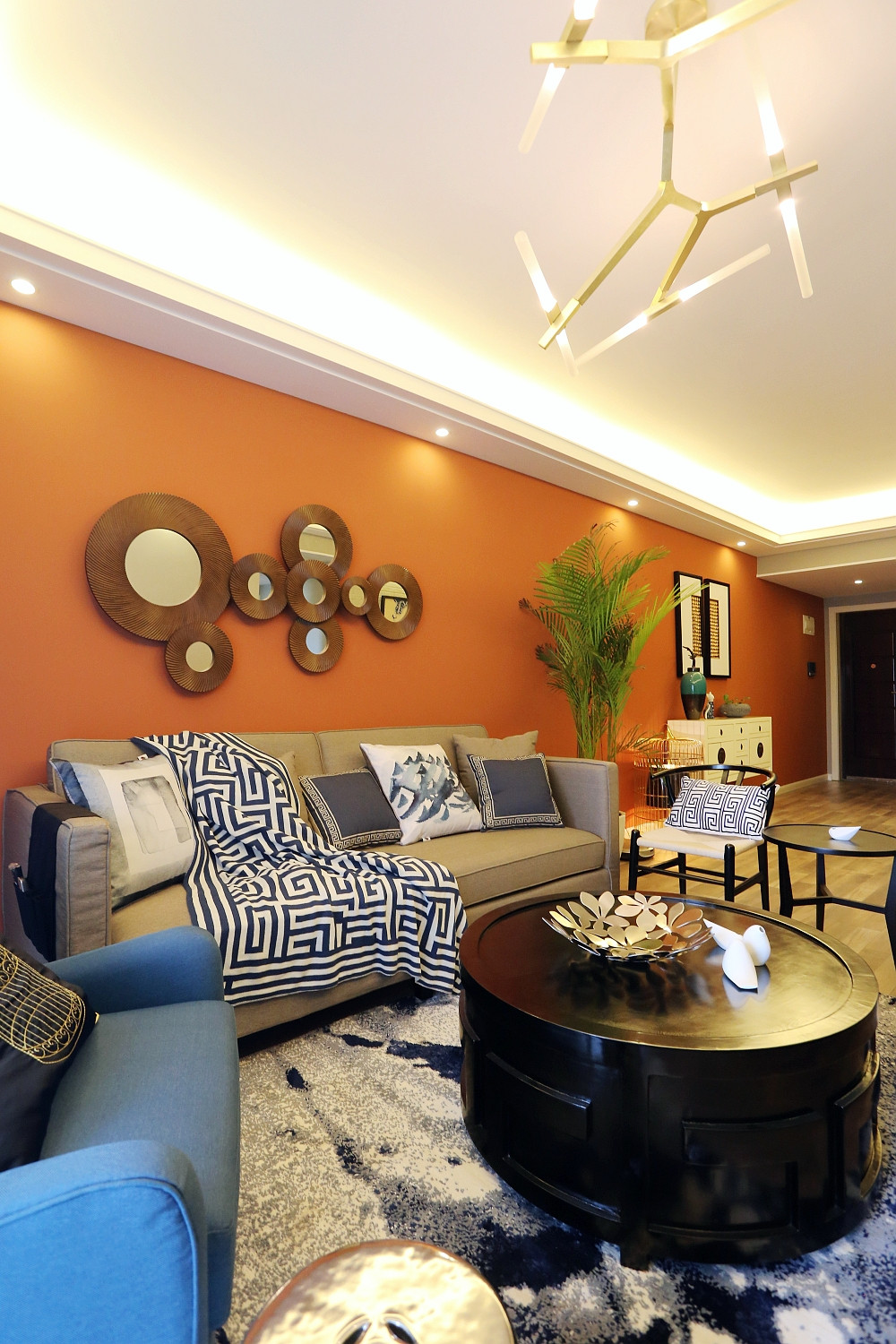 中式风格,15-20万装修,三居室装修,100平米装修,客厅,沙发,灰色