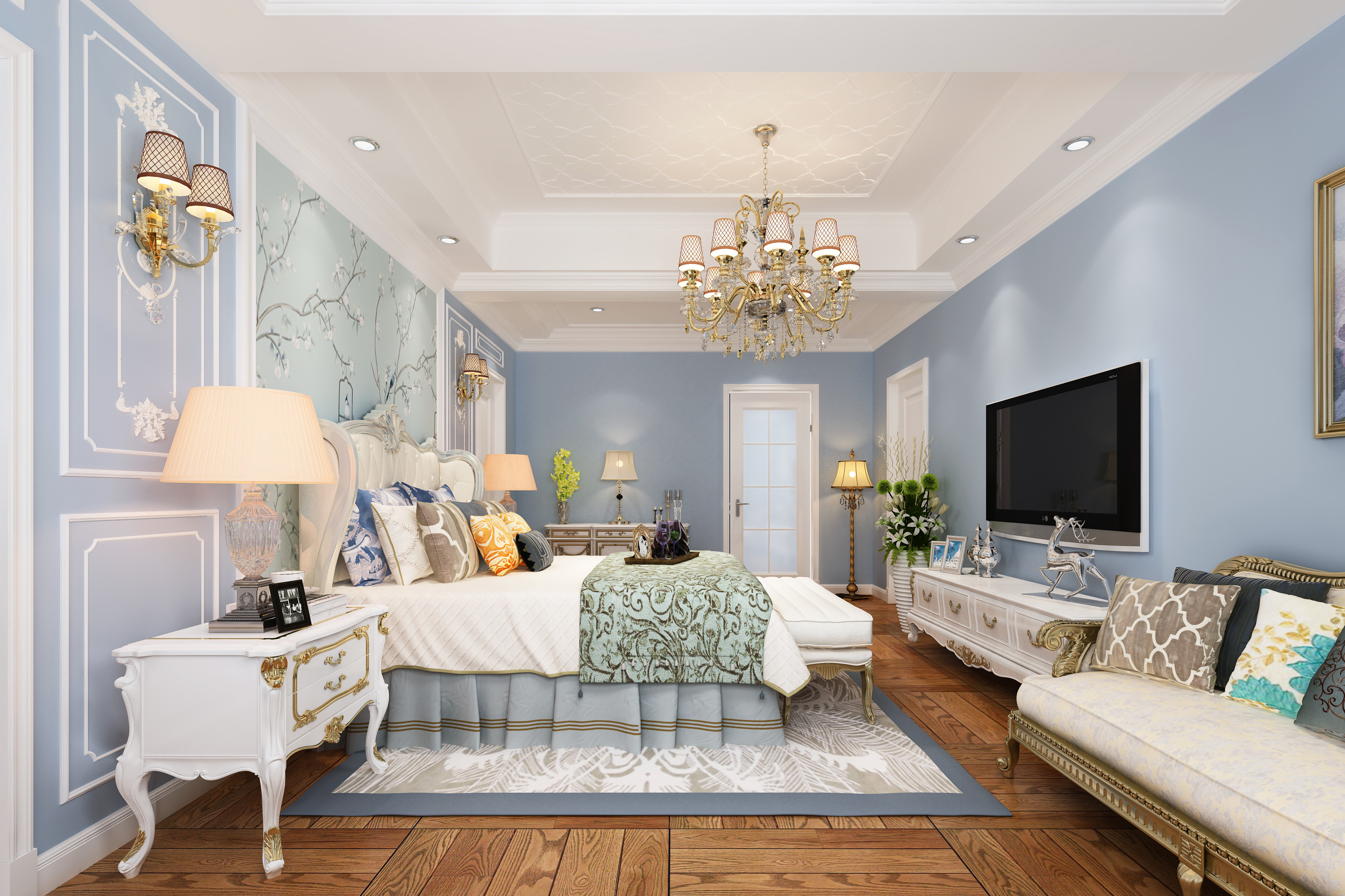 140平米以上装修,大户型,豪华型装修,卧室,法式风格,电视背景墙,蓝色