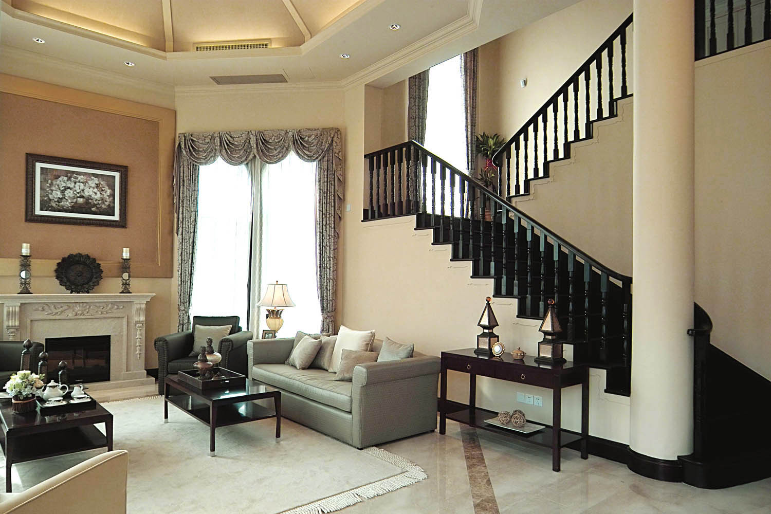 别墅装修,20万以上装修,140平米以上装修,客厅,混搭风格,黑色,楼梯