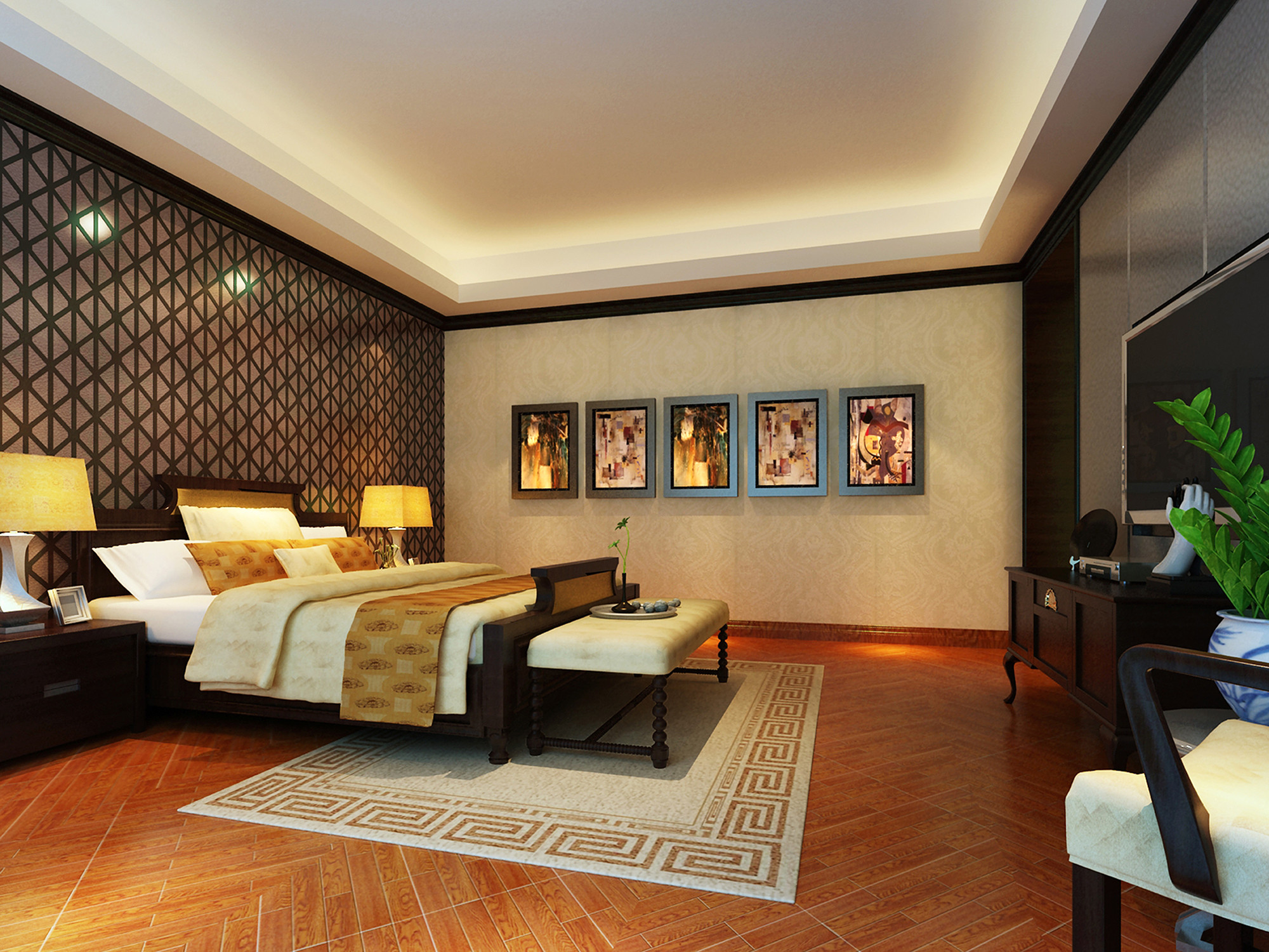 中式风格,别墅装修,富裕型装修,140平米以上装修,卧室,卧室背景墙,暖色调